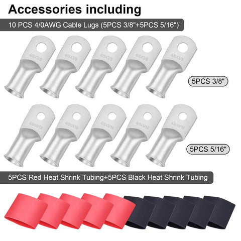 4/0 Gauge Welding Battery Cable Kit With 5 Ft Black And 5 Ft Red Copper Wire, 5/16 Inch And 3/8 Inch Copper Lugs, Heat Shrink Tubing, Heavy Duty Power Cable For Car, Solar, Marine, And RV Inverters. 10 copper lugs and heat shrink tubing