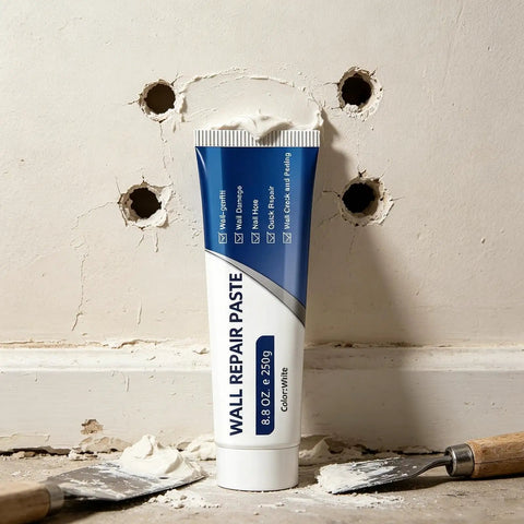 Quick Dry Wall Repair Paste For Holes And Cracks Easy DIY Mending Putty For Drywall Tile Grout Concrete Bathroom And Floor No Tools Needed Patch For Home Use, 250g tube on a hole-damaged wall.