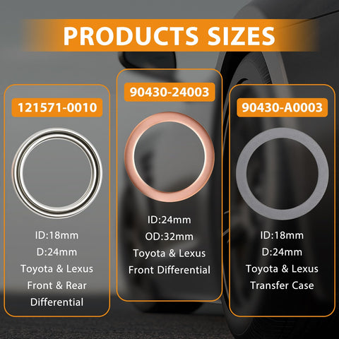 Product sizes of 12pc Crushable Steel Transfer And Differential Drain Plug Gasket Kit For Toyota And Lexus Rigs
