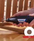 Front view of Dremel 3100-1/15 variable-speed rotary tool cutting a wooden railing with a cutting disc