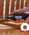 Heavy Duty Variable Speed Rotary Tool Kit With A Slick 1.2 Amp Motor cutting wood with precision using a Dremel in hand.