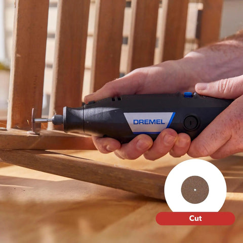 Heavy Duty Variable Speed Rotary Tool Kit With A Slick 1.2 Amp Motor cutting wood with precision using a Dremel in hand.