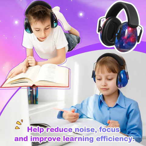 Kids And Adults Noise Reduction Ear Muffs 27dB Noise Cancelling Hearing Protection Headphones Universal Fit Starry Sky Style Bulk Pack Of 12 Great For Fireworks Concerts Travel Yard Work And Shooting Range Practice shown being used by children.
