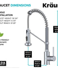 Diagram of Bolden Commercial Style Pull Down Kitchen Faucet With Two Function Single Handle Chrome Finish High Arc Coil Spout Eighteen And Three Quarters Inches Tall And Spout Reach Eight And Five Eighths Inches Built For Busy Kitchens Pro Grade with dimensions and features marked.