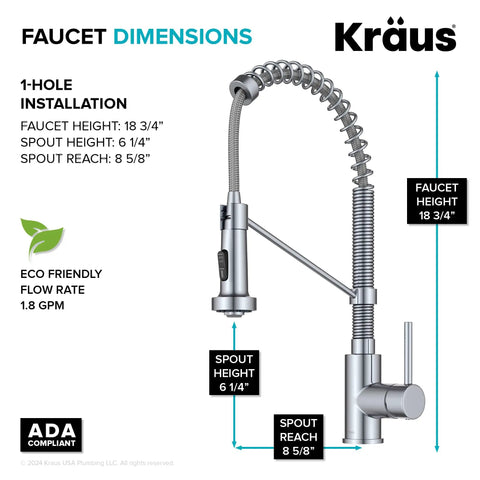 Diagram of Bolden Commercial Style Pull Down Kitchen Faucet With Two Function Single Handle Chrome Finish High Arc Coil Spout Eighteen And Three Quarters Inches Tall And Spout Reach Eight And Five Eighths Inches Built For Busy Kitchens Pro Grade with dimensions and features marked.