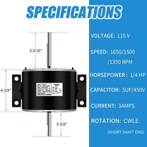 Specifications sheet of RV Air Conditioner Fan Motor With Capacitor 1/4 HP 3 Speed Beefed-Up Replacement for Dometic Brisk Air II and Genteq F48AF70A61