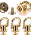 4 Pack D Rings For Purses And Bags 360 Degree Rotatable Hardware With Stud Screws in gold with close-up views.
