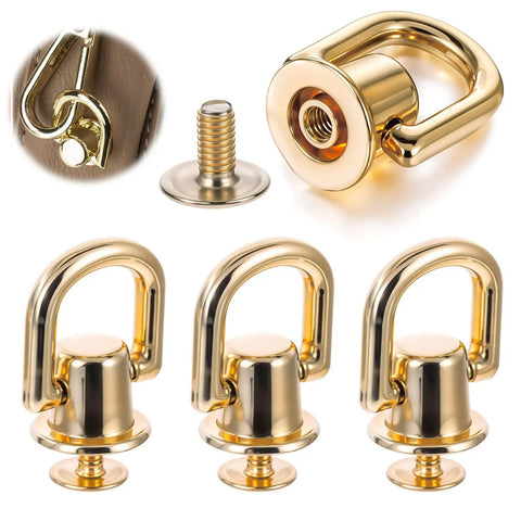 4 Pack D Rings For Purses And Bags 360 Degree Rotatable Hardware With Stud Screws in gold with close-up views.