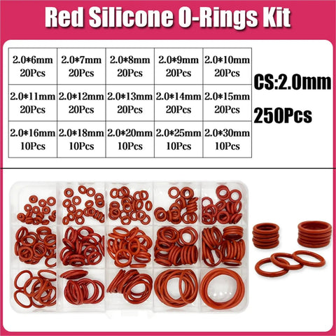 Silicone O Ring Set With CS Size Assortment 1 To 1.5 To 2.0 To 2.4 To 3.1mm Sealing Washers oil-resistant red silicone O-rings