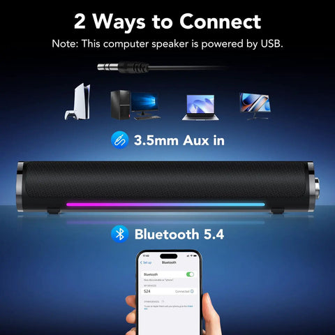 USB Powered PC Speakers With Bluetooth Hi Fi Stereo Sound Bar For Desktop Deep Bass 5W Twin Drivers 3.5mm Aux