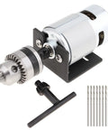 Mini Table Drill Kit With 12-24V DC Motor, 10000-20000 RPM, showing motor, drill chuck, mounting bracket, and drill bits for home shop projects.
