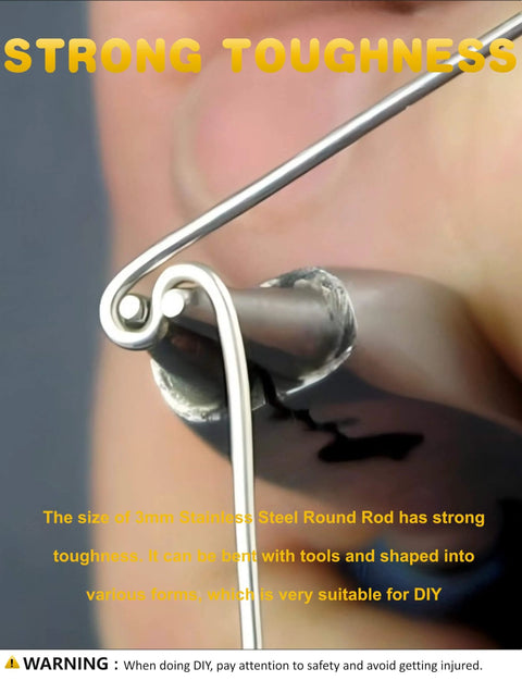 Close-up of 12 Pieces 3mm By 300mm 304 Stainless Steel Round Rods for metalworking, showcasing bending and shaping for DIY projects.