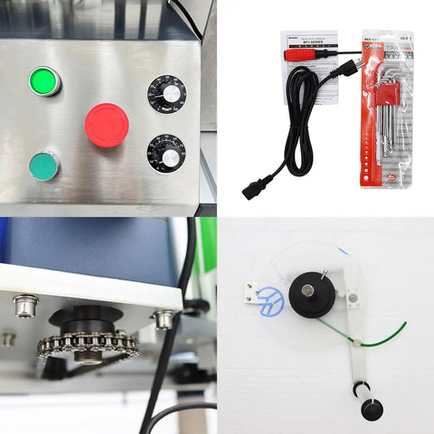 Slick Automatic Desktop Conveyor Round Bottle Labeler Featuring Precision Photoelectric Sensor And Quick Dial Adjustments controls and parts view showing buttons and gear.