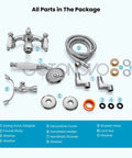 Polished Chrome Clawfoot Tub Faucet With Wall Mount and Handheld Shower parts, including faucet body, shower hose, and washers.