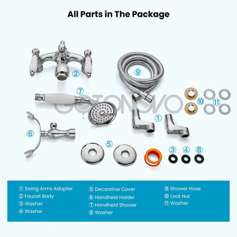 Polished Chrome Clawfoot Tub Faucet With Wall Mount and Handheld Shower parts, including faucet body, shower hose, and washers.