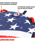 Airhead Stars And Stripes Towable Tube For 1 Rider Boating And Water Sports Made In The USA Heavy Duty Full Nylon Cover Patented Speed Safety Valve For Easy Inflation And Deflation Foam Padded Handles, close-up of handles and valve