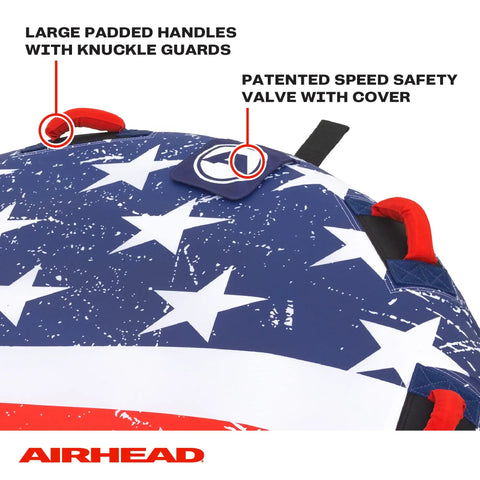 Airhead Stars And Stripes Towable Tube For 1 Rider Boating And Water Sports Made In The USA Heavy Duty Full Nylon Cover Patented Speed Safety Valve For Easy Inflation And Deflation Foam Padded Handles, close-up of handles and valve