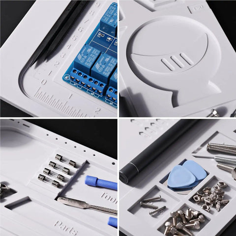 Close-up of Pro Grade Silicone Soldering Mat With Heat Resistance Up To 932 Fahrenheit featuring compartments and ruler for organization.