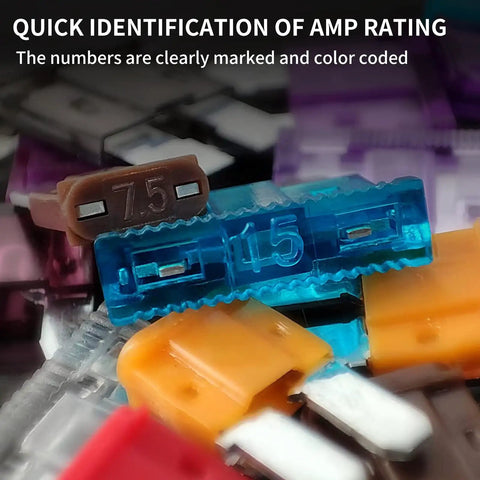 MuHize Upgraded Mini Fuse Kit With 120 Apm Atm Blade Fuses Assortment Box showcasing clearly marked color-coded fuses for easy identification.