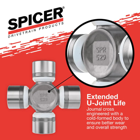 Greaseable U Joint Kit 1310 1X OSR Snap Ring Style For 1310 SPL22 Series Universal Joint With Bearing Cap Diameter One Point Zero Six Two Inches And Snap Ring Design And Beefed Up Heavy Duty OE Replacement image displaying Spicer drivetrain U-joint with metal bearing caps and SPR 529 engraving for extended U-joint life.
