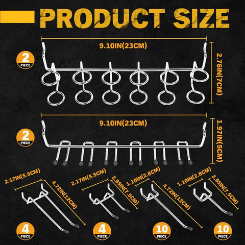 Product size guide of 260 Piece Pegboard Hook And Bin Organizer Kit With 17 Hook Types Including Curved Angled And Straight Hooks Plus 12 Pegboard Bins