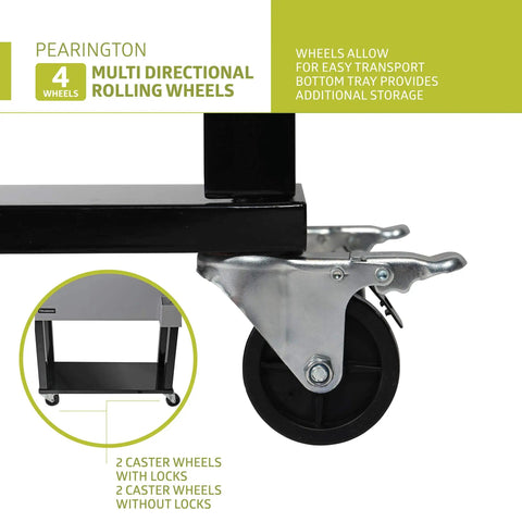 Close-up of the locking wheels on an 80 Quart Rolling Ice Chest Cooler Cart For Patio Parties With Bottle Opener Shelf And Grey Finish