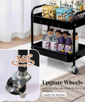 Two Tier Metal Rolling Utility Cart With Wheels For Under Desk Storage And Home Office Organization, shown with drinks and snacks.