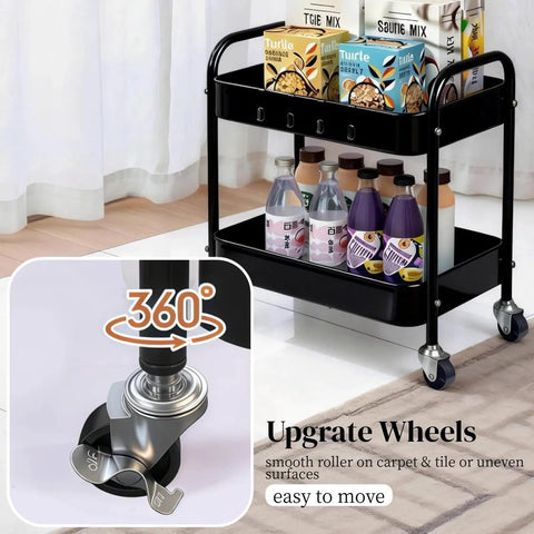 Two Tier Metal Rolling Utility Cart With Wheels For Under Desk Storage And Home Office Organization, shown with drinks and snacks.