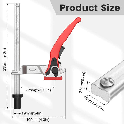 Image showing dimensions of Three Quarters Inch Bench Dog Clamp for MFT Workbenches, Must Have Quick Fix Hold Down Clip.