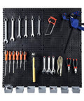 Black Plastic Pegboard Wall Organizer Panels, 4 Pack of 17.5x17.5 Inches displaying tools, stand-off design, fits standard hooks