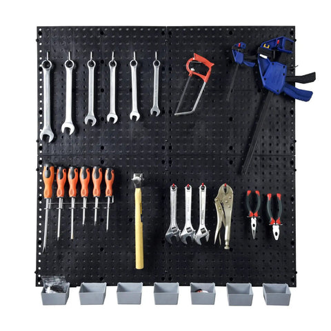 Black Plastic Pegboard Wall Organizer Panels, 4 Pack of 17.5x17.5 Inches displaying tools, stand-off design, fits standard hooks