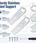 Heavy Duty Stainless Steel Dishwasher Mounting Bracket Kit With 2 Pack Screws And Adjustable Wrench showing two brackets and screws for installation.