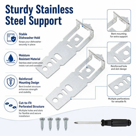 Heavy Duty Stainless Steel Dishwasher Mounting Bracket Kit With 2 Pack Screws And Adjustable Wrench showing two brackets and screws for installation.
