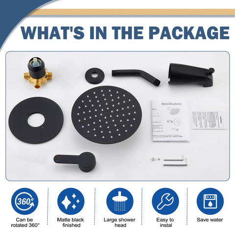 Matte Black Tub And Shower Faucet Set With 8 Inch All Metal Rainfall Showerhead Tub Spout And Single Handle Trim Kit Included Valve