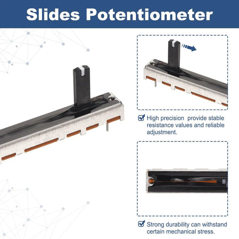 Five Pack Linear Slide Potentiometers 3 Pin B100K 60mm Length 45mm Travel With 5x15mm Handle Fader for precise control.