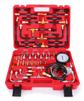 Front view of BETOOLL Pro fuel injection pressure tester kit (0–140 PSI) in red case with gauge, hoses, and brass adapters.