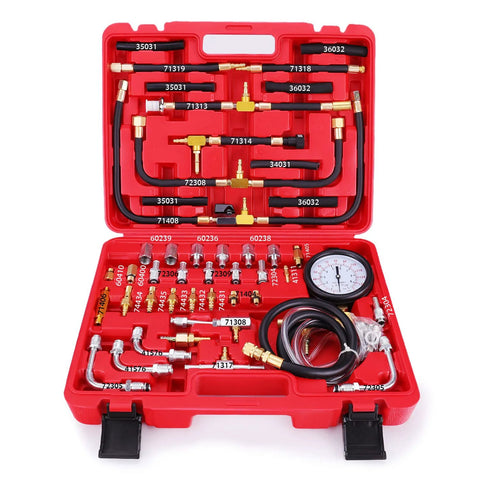 Front view of BETOOLL Pro fuel injection pressure tester kit (0–140 PSI) in red case with gauge, hoses, and brass adapters.