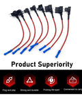 Pro Grade 8 Pack Car Fuse Taps Add A Circuit Dual Slot Adapter Kit showing eight red wire connectors for easy dash cam installation.