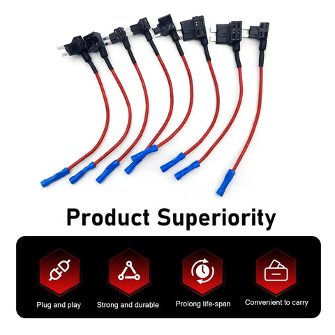 Pro Grade 8 Pack Car Fuse Taps Add A Circuit Dual Slot Adapter Kit showing eight red wire connectors for easy dash cam installation.
