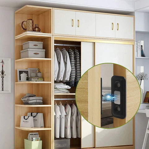 Invisible Door Catch With Screws And Adhesive for sliding wardrobe doors, showing seamless close mechanism in a wooden cabinet setup.