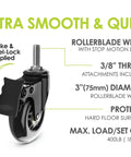 Three Eighths Inch 16 UNC Threaded Stem Rubber Caster Wheels With Brakes And Locks, heavy duty inline skate style caster shown