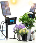 Solar Powered Automatic Garden Irrigation System With Drip Kit And Timer watering potted plants, showcasing dual solar panels.