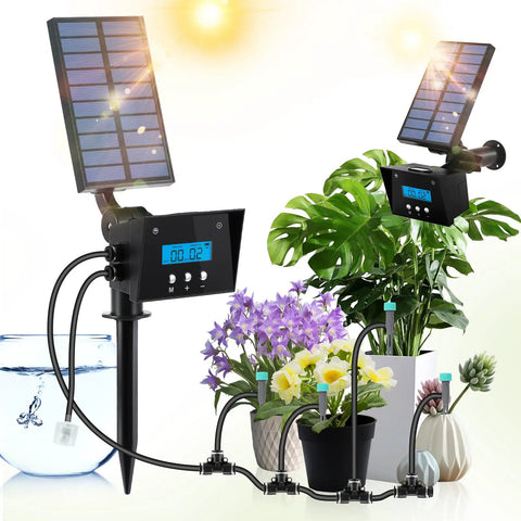 Solar Powered Automatic Garden Irrigation System With Drip Kit And Timer watering potted plants, showcasing dual solar panels.