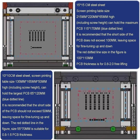 Diagram showing sizes and specifications of Handy Manual PCB Stencil Printer For Solder Paste for various PCB dimensions.