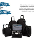 Black travel cases for cameras and laptops, featuring open and closed views, including one Carry-On Roadie Backpack 22 for DSLR gear.
