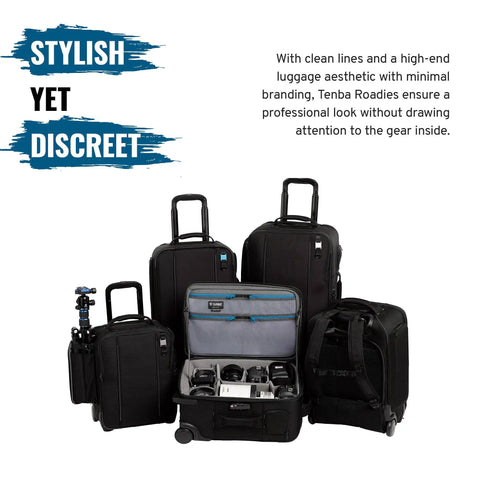 Black travel cases for cameras and laptops, featuring open and closed views, including one Carry-On Roadie Backpack 22 for DSLR gear.