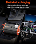 Hella Reliable 1000W Heavy Duty Car Power Inverter Switches 12V Dc Straight To 120V Ac For Tailgate Parties And Work Crews featuring multiple devices charging in a vehicle.