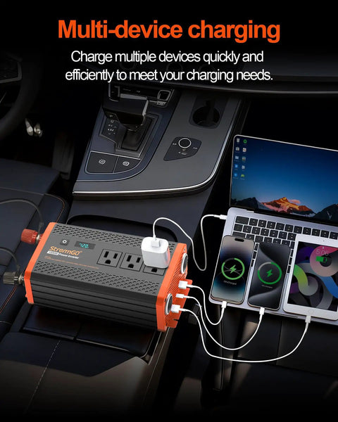 Hella Reliable 1000W Heavy Duty Car Power Inverter Switches 12V Dc Straight To 120V Ac For Tailgate Parties And Work Crews featuring multiple devices charging in a vehicle.