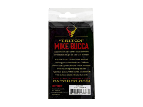 Packaging back of Mike Bucca Baby Bull Gill Swimbait, 3.75 Inch, Three Quarters Ounce Ruby Gill, showing product description.