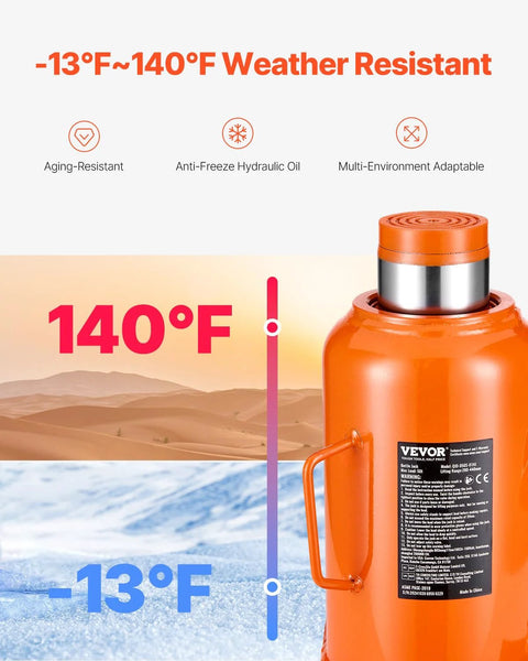 VEVOR orange hydraulic bottle jack with 3-section long handle and 50-ton capacity, side view